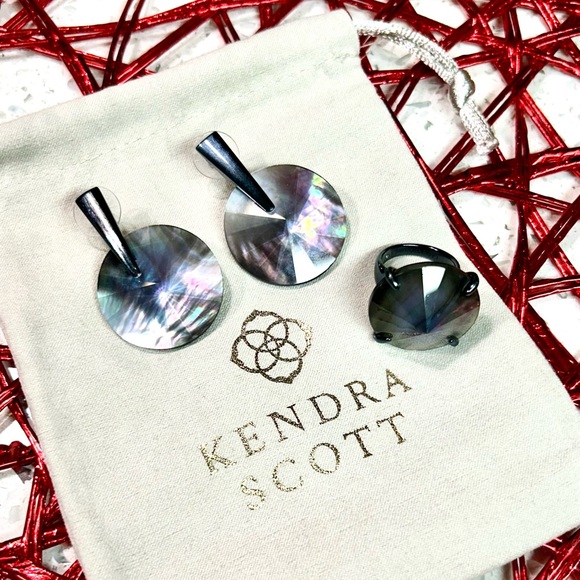 Kendra Scott Jolie Navy Black Mother of Pearl Drop Dangle Earrings & ring size 6 - Picture 1 of 7